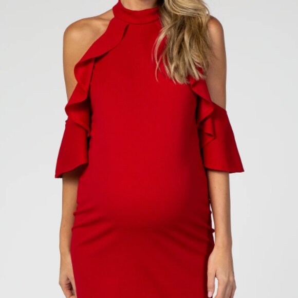 PinkBlush Red Mock Neck Ruffle Trim Fitted Maternity Dress - Picture 1 of 2
